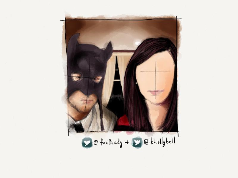 Digital watercolor and pencil portrait of a man wearing a Batman mask and a faceless woman with brown hair to his right.