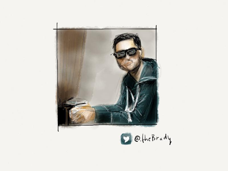 Digital watercolor and pencil portrait of a man wearing 3D glasses with polarizing lenses and a blue hoodie.