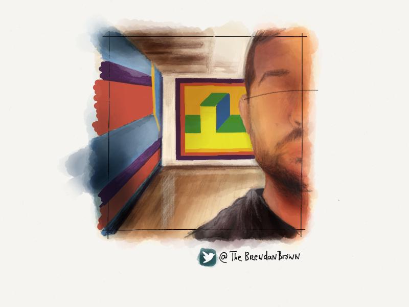 Digital watercolor and pencil portrait of a faceless man standing in a gallery with large geometric forms of framed artwork behind him.