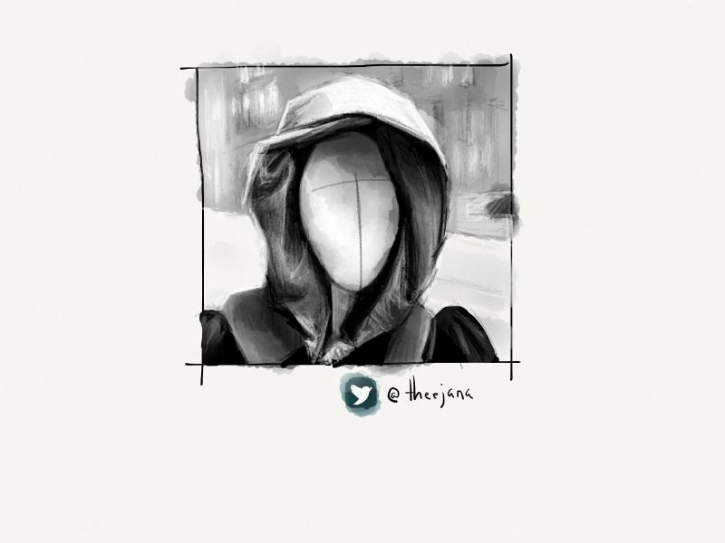 Black and white digital watercolor and pencil portrait of a faceless figure in a hood.