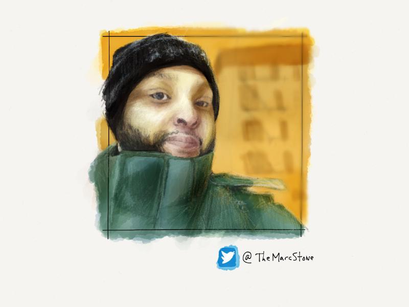 Digital watercolor and pencil portrait of a man bundled up in a winter coat, snow covered knit hat, standing outside with a strong yellow light behind him.