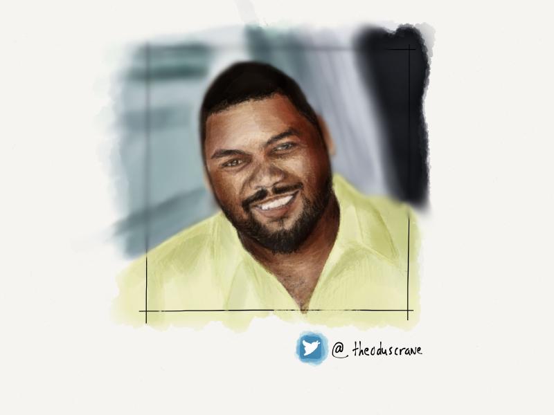 Digital watercolor and pencil portrait of a smiling man with short hair and a beard, wearing a yellow shirt.