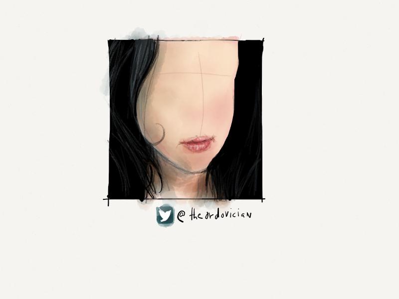 Digital watercolor and pencil portrait of a faceless woman with dark hair and glossy lips.