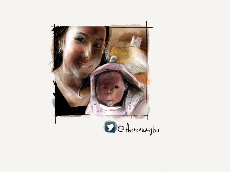 Digital watercolor and pencil portrait of a woman holding a baby bundled up in a polka dotted blanket.