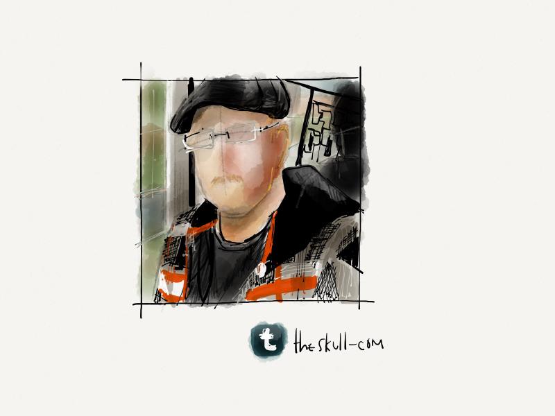 Digital watercolor and ink portrait of a faceless man wearing glasses, a black flat cap, mustache, and orange flannel coat.