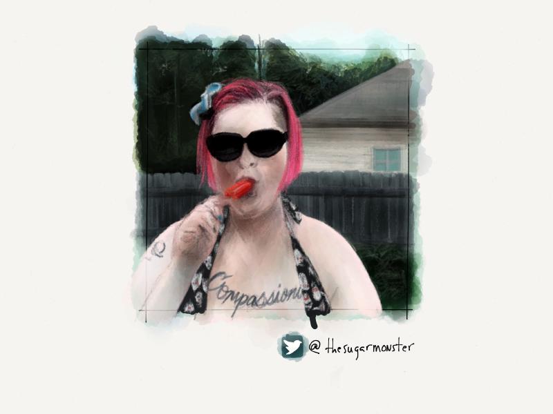 Digital watercolor and pencil portrait of a woman with pink hair, eating a red popsicle, in a swimsuit outside. A tattoo written in script lettering with the word Compassion is visible.
