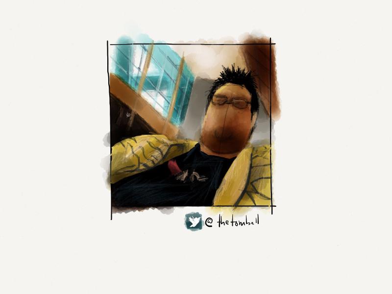 Digital watercolor and pencil portrait of a faceless man with glasses and spikey hair who is leaning back in his chair.