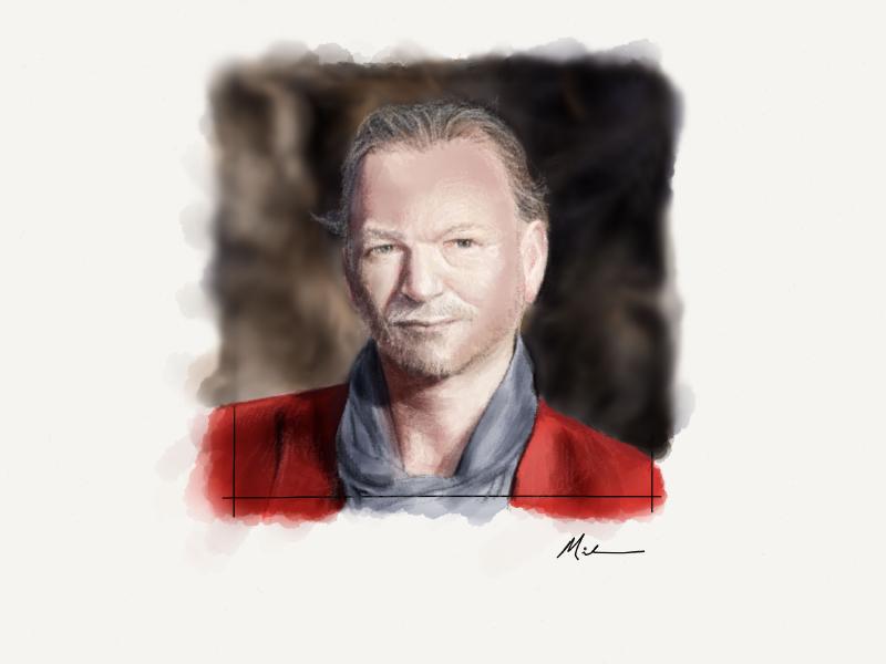 Digital watercolor and pencil portrait of a man with short wavy hair combed back, wearing a gray scarf and red coat.