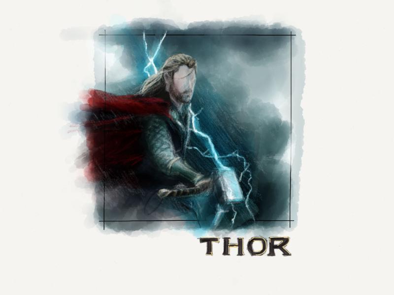 Digital watercolor and pencil portrait of a faceless Thor with blonde hair wielding lightning in the rain.