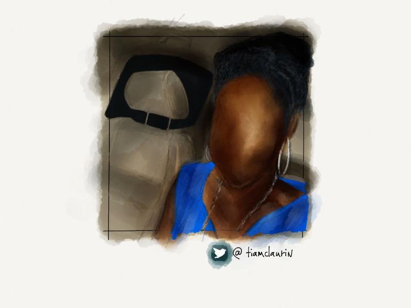 Digital watercolor and pencil portrait of a faceless woman with large hoop earrings, sitting next to an empty seat.