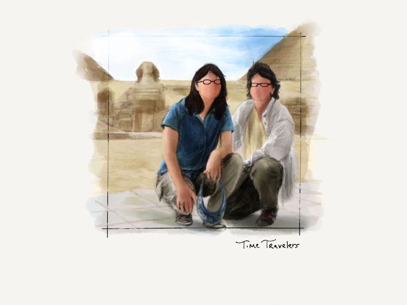 Digital watercolor and pencil portrait of two faceless woman posing in front of the pyramids in Egypt.