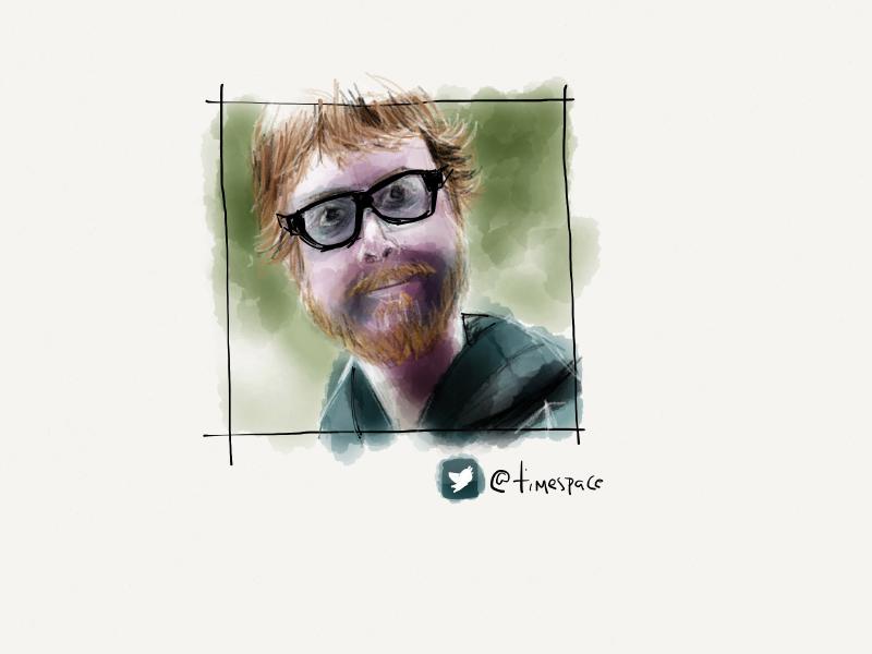 Digital watercolor and pencil portrait of a bearded man with glasses, his face has a purple tint to it.