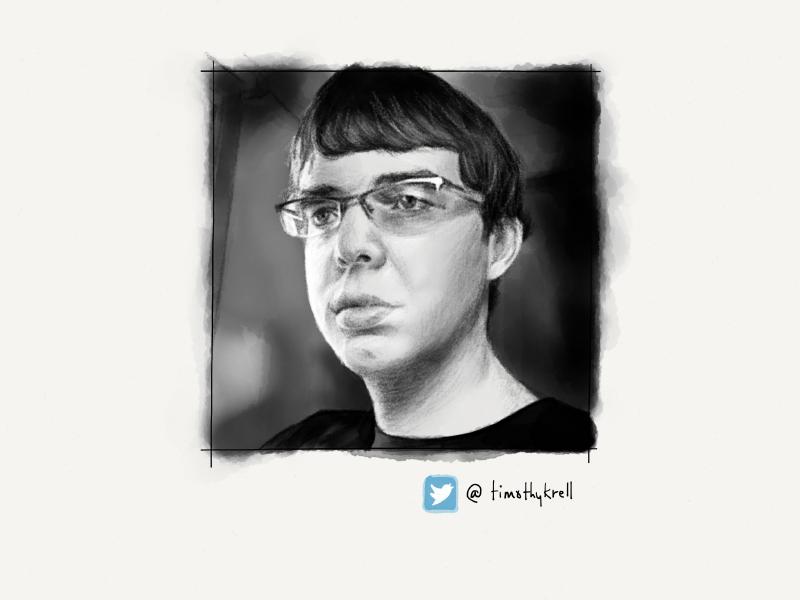 Black and white digital watercolor and pencil portrait of a man wearing glasses and short wavy hair, the background is blurred.