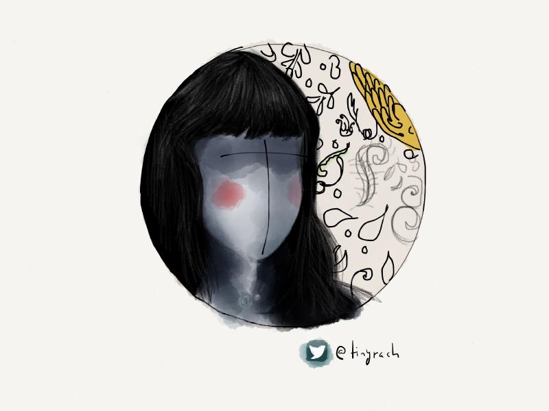 Digital watercolor and pencil portrait of a faceless woman with rosey cheeks painted in blue, framed in a circle.