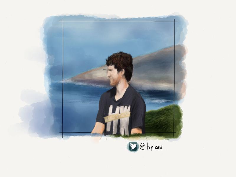 Digital watercolor and pencil portrait of a faceless man looking out towards a scenic view of water.