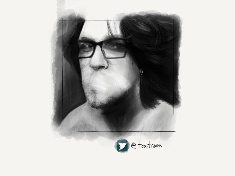 Black and white digital watercolor and pencil portrait of a shirtless man with long hair and glasses. His mouth has been purposely omitted from the painting.