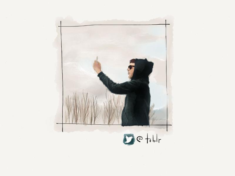 Digital watercolor and pencil portrait of a man in sunglasses with his hoodie up, taking a photograph with his iPhone outdoors.