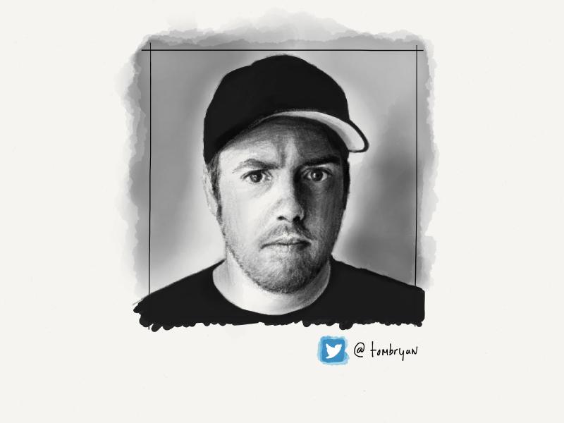 Black and white digital watercolor and pencil portrait of a man wearing a black baseball cap.