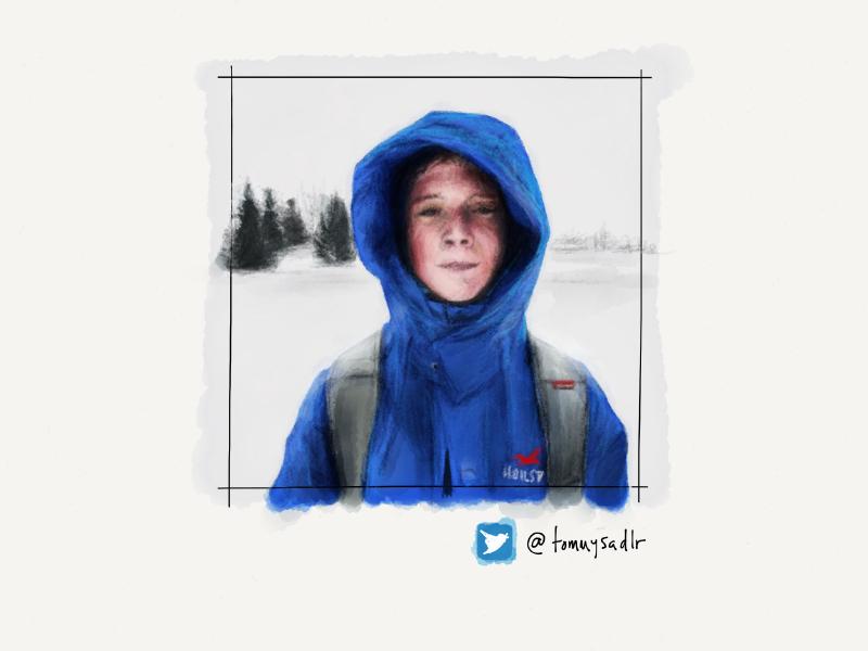 Digital watercolor and pencil portrait of a young man wearing a large blue winter coat with the hood up.