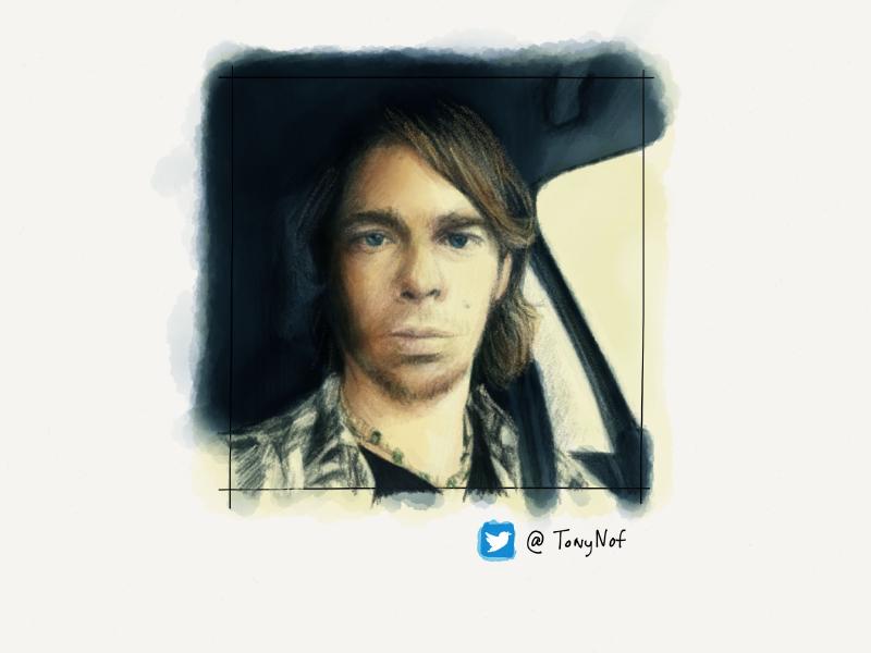 Digital watercolor and pencil portrait of a man with long hair in a car, wearing flannel.