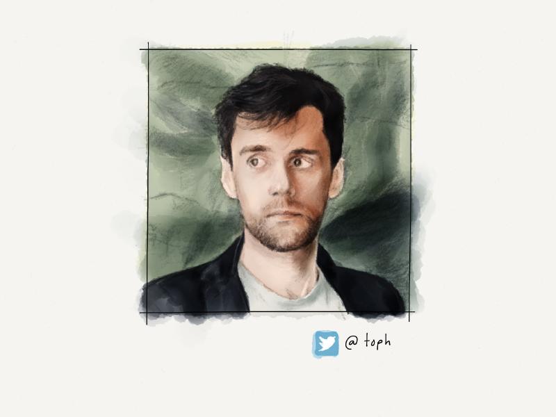 Digital watercolor and pencil portrait of a man with dark wavy hair looking to the side with a worried look.