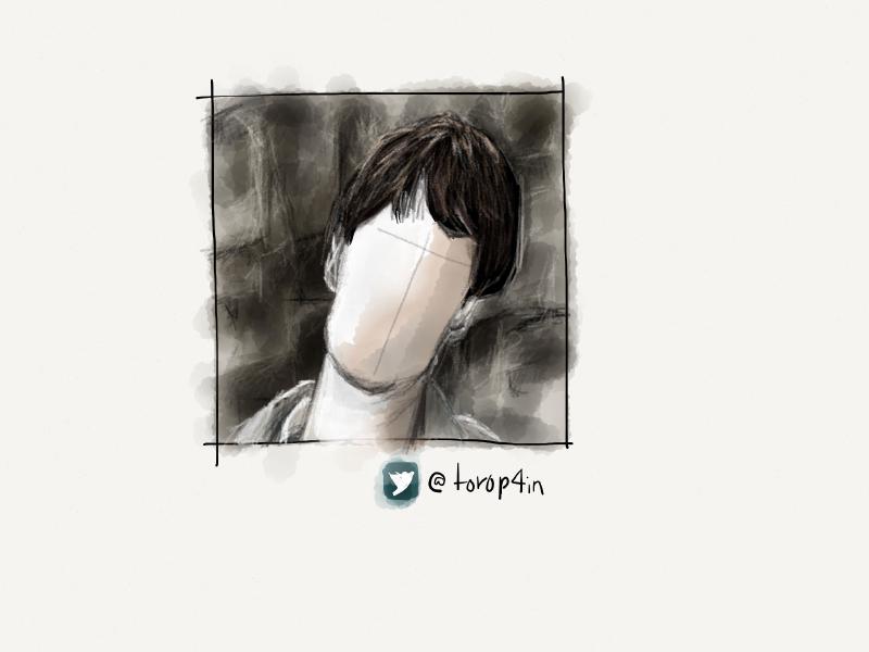 Black and white digital watercolor and pencil portrait of a faceless man with his head tilted to the side.