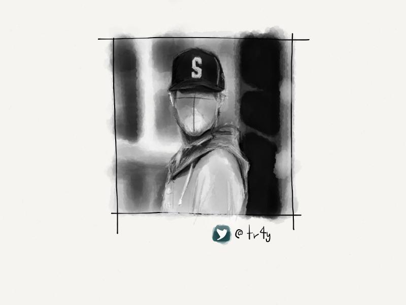 Black and white digital watercolor and pencil portrait of a faceless man wearing a baseball cap with a large S on it.