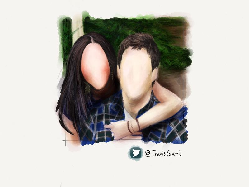 Digital watercolor and pencil portrait of a faceless woman with her arm around a faceless man in blue flannel.