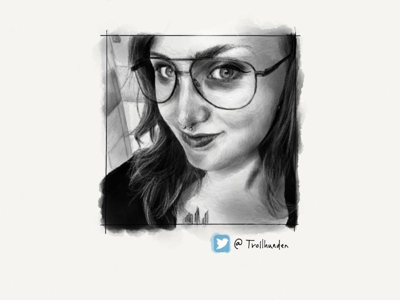 Black and white digital watercolor and pencil portrait of a woman with her septum pierced and wearing large metal framed glasses.