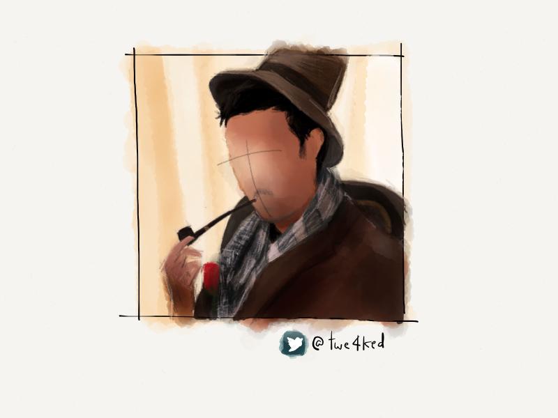 Digital watercolor and pencil portrait of a faceless man in a top hat smoking a pipe.
