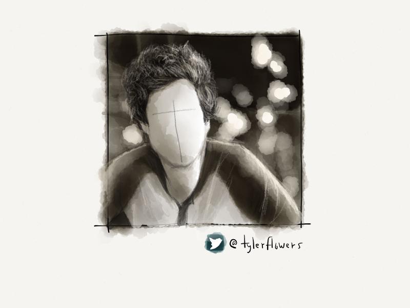 Digital watercolor and pencil portrait of a faceless man with curly hair, leaning forward. Painted in sepia tones with a bokeh effect in the background.
