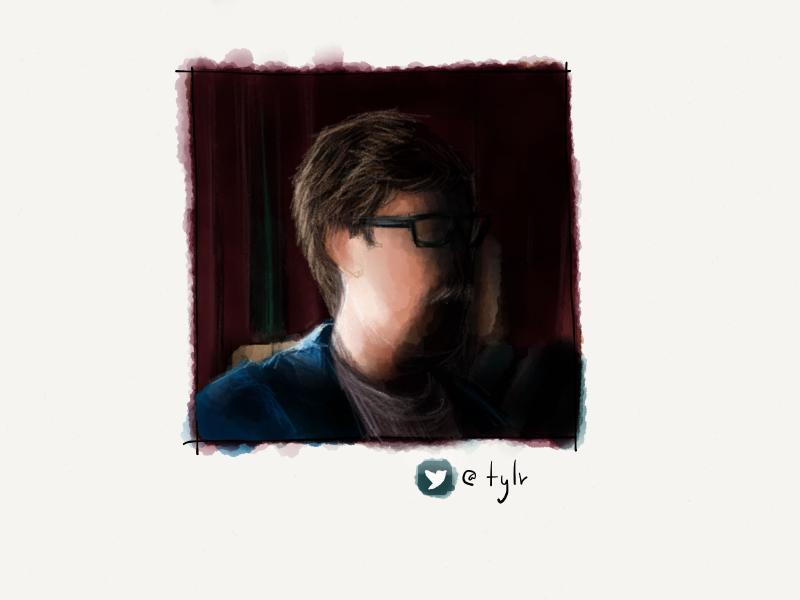 Digital watercolor and pencil portrait of a faceless man from the side, wearing large black glasses, a mustached, and blue hoodie in a dark theater.