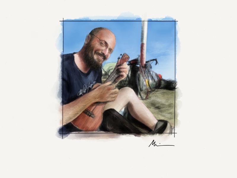 Digital watercolor and pencil portrait of a smiling man with shaved head and beard, playing a Ukulele on a beach with a bicycles chained to a pole behind him.