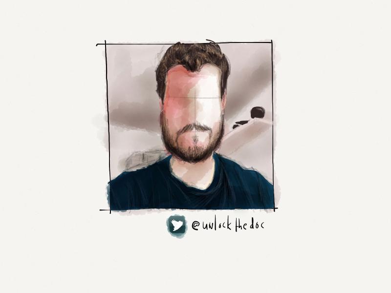 Digital watercolor and pencil portrait of a faceless man with short hair and a beard wearing a blue shirt.