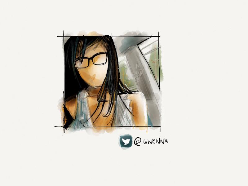 Digital watercolor and ink portrait of a faceless woman with black hair an artsy glasses taking a selfie.