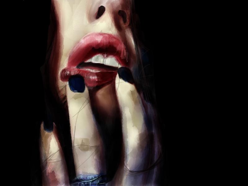 Digital watercolor and pencil illustration of a woman pulling at her lower lip with fingers painted black.