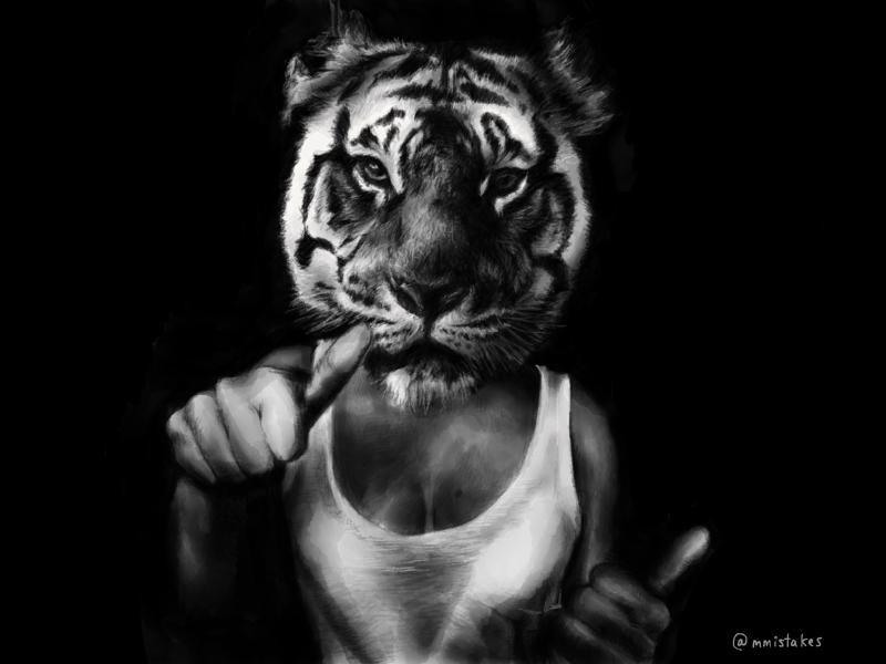 Black and white digital watercolor and pencil portrait of a woman with the head of a tiger, wearing a white tank top.