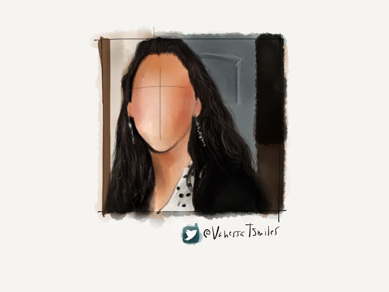 Digital watercolor and pencil portrait of a faceless woman with long wavy brown hair and dangling earrings.