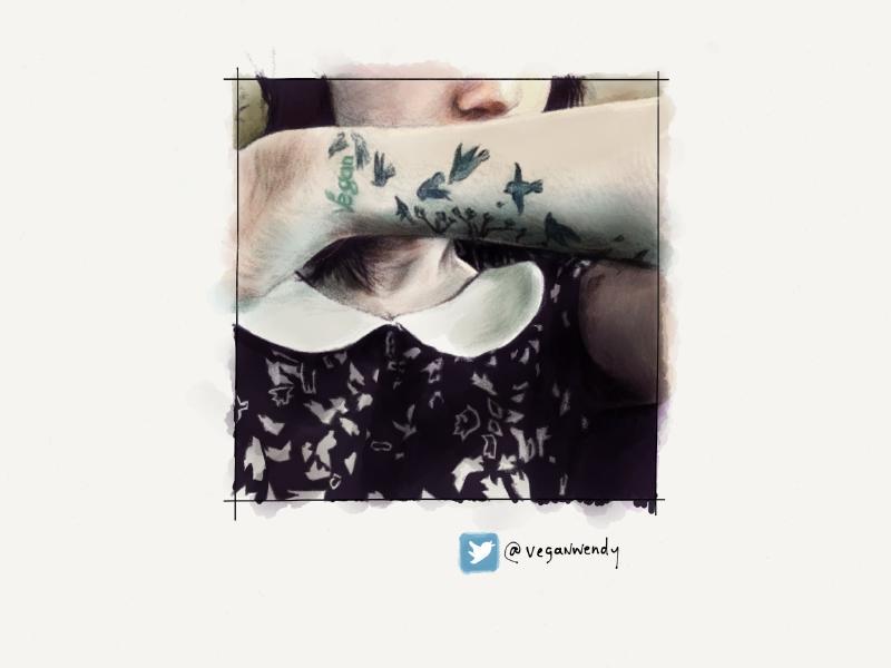 Digital watercolor and pencil portrait of a woman covering her mouth with her wrist that has the word Vegan and birds tattoo to it. Wearing a black dress with birds and a white collar.