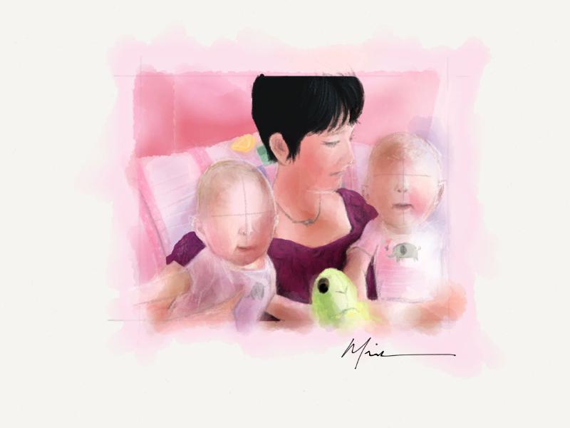 Digital watercolor and pencil portrait of a faceless mother and her twin babies, sitting in a pink room holding a stuffed turtle toy.