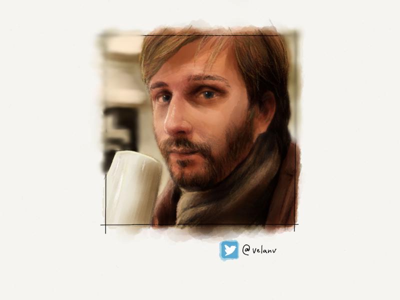 Digital watercolor and pencil portrait of a bearded man in a scarf drinking from a white coffee mug.