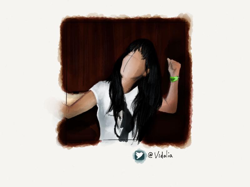 Digital watercolor and pencil portrait of a faceless black haired woman holding up her fist.