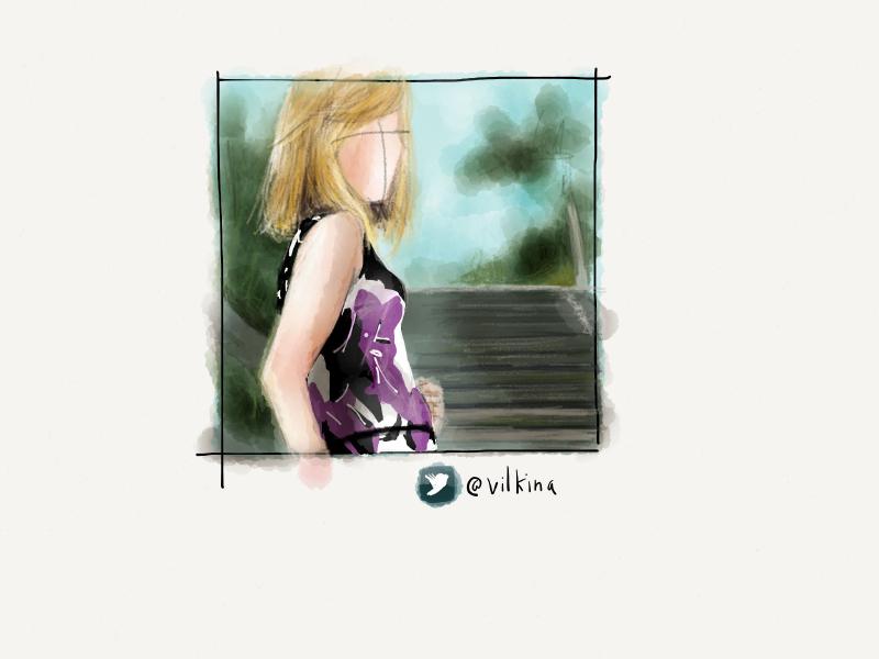 Digital watercolor and pencil portrait of a faceless blonde woman in a purple floral dress standing in front of a set of stairs.