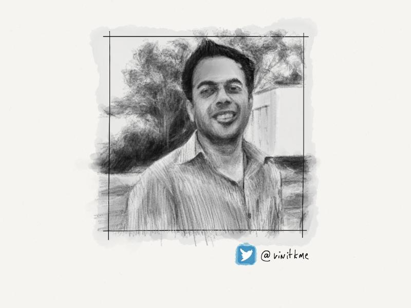 Black and white digital watercolor and pencil portrait of a man smiling outside.