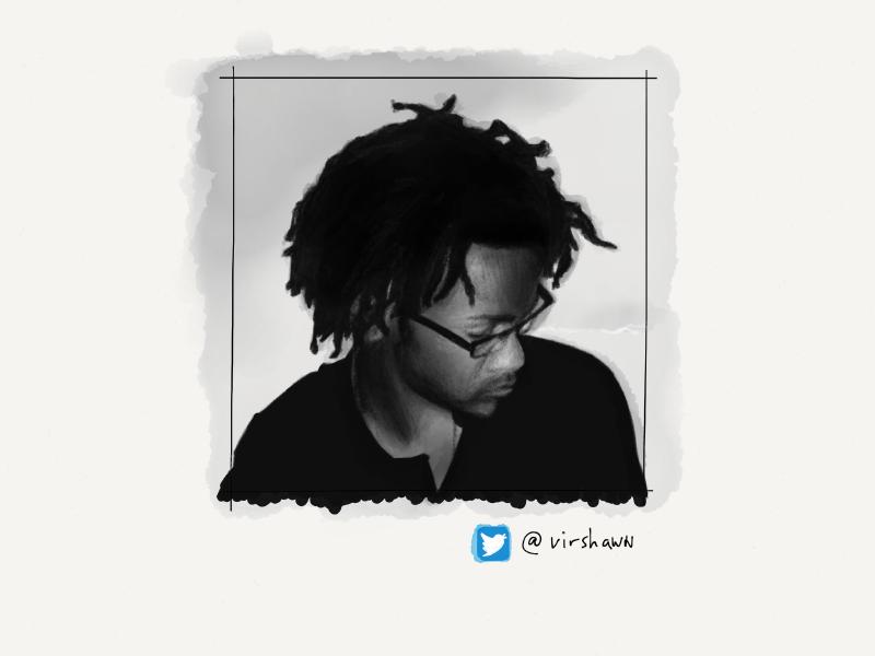 Black and white digital watercolor and pencil portrait of a man with dreadlocks and glasses, looking down.