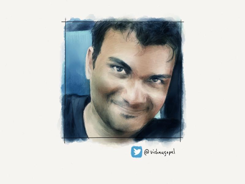 Digital watercolor and pencil portrait of a man smiling in blue.