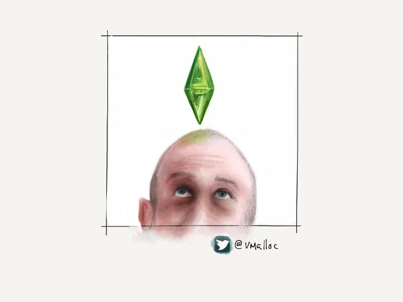 Digital watercolor and pencil portrait of the top of a man's bald head as a green crystal from the SIMS hovers over.