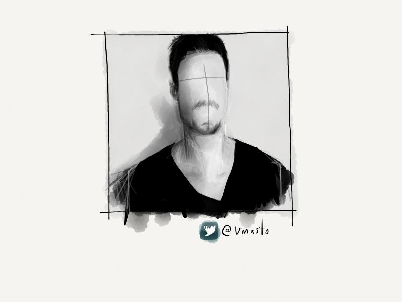 Black and white digital watercolor and pencil portrait of a faceless man in a v-neck shirt.