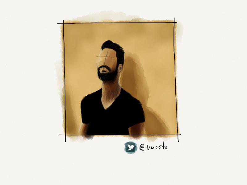 Digital watercolor and pencil portrait of a faceless man with black hair and beard, standing against a earthy yellow wall.