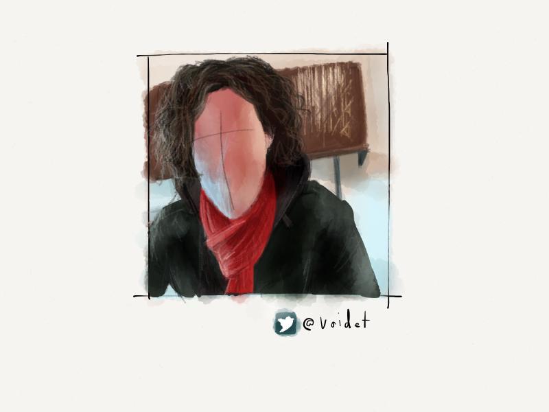 Digital watercolor and pencil portrait of a faceless figure with long curly hair wearing a red scarf tied around their neck.